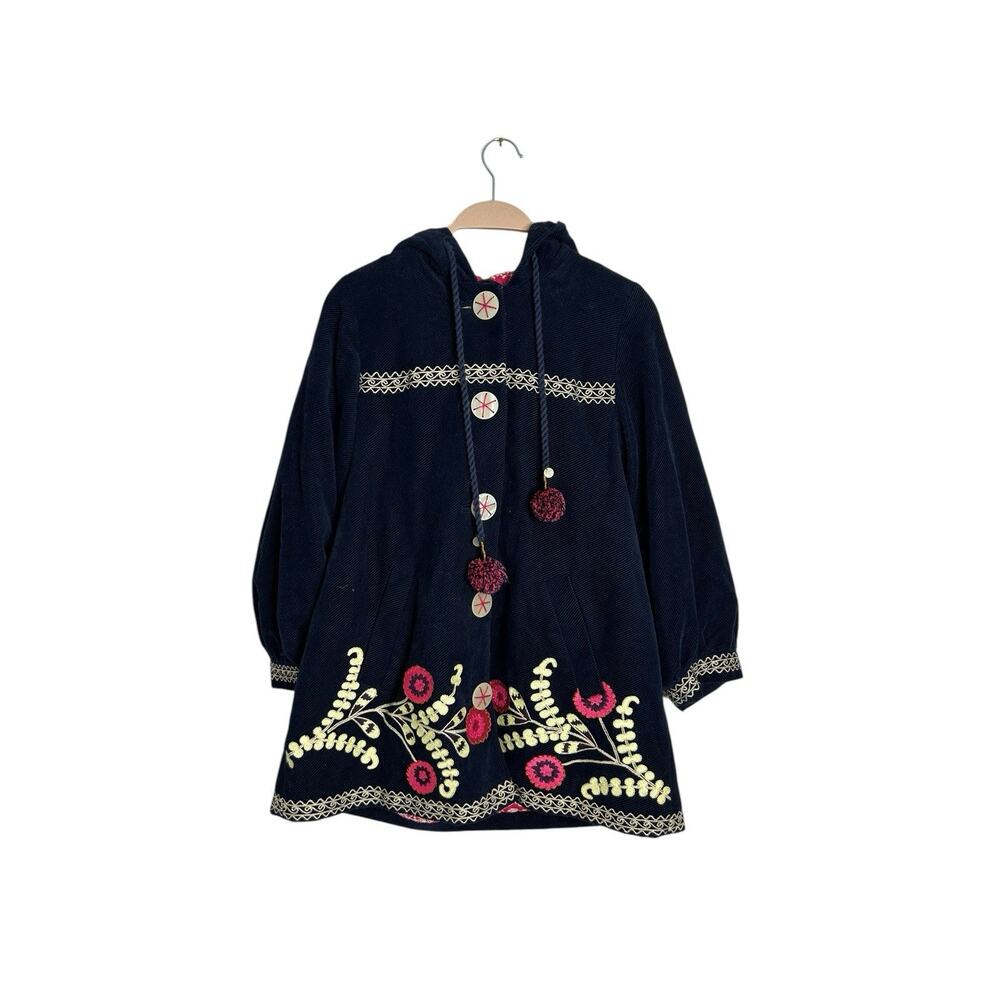 Anthropologie Elevenses Cute Hobo Navy Embroidered Coat with Floral Accents